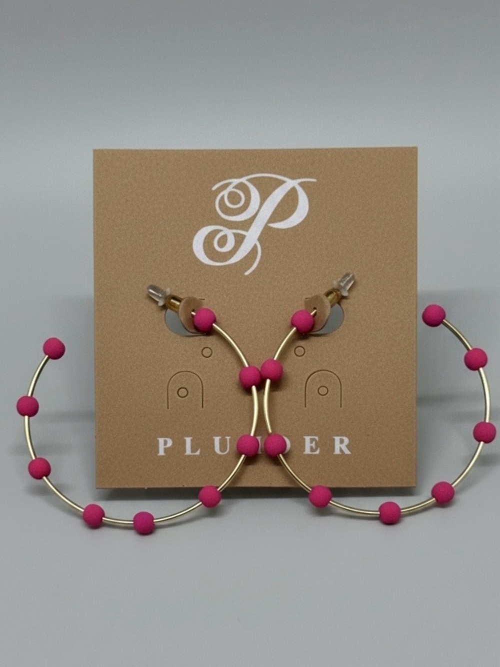 Plunder Gold Hoop Earrings with Pink Beads NWOT